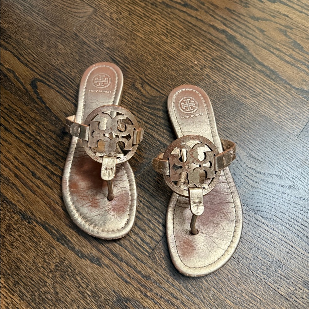 Tory Burch Rose Gold Logo Sandals